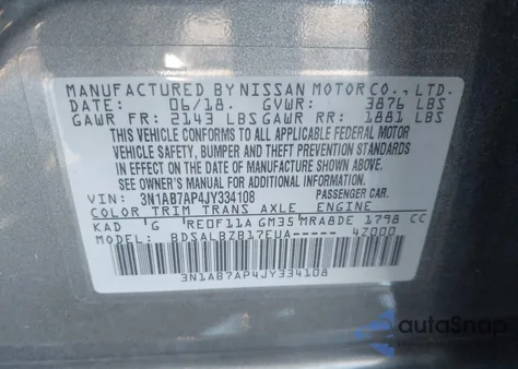 2018 Nissan Sentra S/Sv/Sr/Sl from USA, damaged, VIN 3N1AB7AP4JY334108